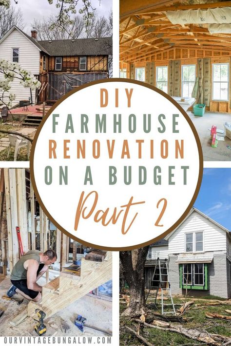 various snapshots of a 1900s farmhouse during remodel text reads - diy farmhouse renovation on a budget part 2 Farmhouse Renovation On A Budget, Farmhouse Home Renovation, Old Farmhouse Renovation, Old Farmhouse Remodel, Home Renovation On A Budget, Home Renovation Costs, Authentic Farmhouse, Farmhouse Renovation, Farmhouse Remodel