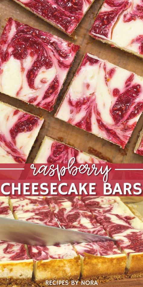 Indulge in the flavors of spring with these raspberry swirl cheesecake bars that are sure to please your taste buds. The rich and creamy vanilla cheesecake is layered over a buttery graham cracker crust, and infused with the tangy sweetness of raspberries and a hint of lemon. These bars offer a refreshing treat that's perfect for Easter brunch or any spring occasion. This classic recipe is a must-try for all cheesecake lovers out there. Spring Flavors, Lemon Raspberry Cheesecake, Peach Dumplings, Raspberry Cheesecake Bars, Raspberry Swirl Cheesecake, Mothers Day Desserts, Swirl Cheesecake, Cheesecake Bar Recipes, Vanilla Cheesecake