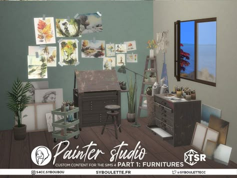 The Sims Resource - Painter studio - Part 1: Furnitures Sims 4 Artist Cc, Sims Cc Bedroom, Sims 4 Cc Art, Sims 4 Art Cc, Sims 4 Art, Painter Studio, Los Sims 4 Mods, Painters Studio, Sims Home