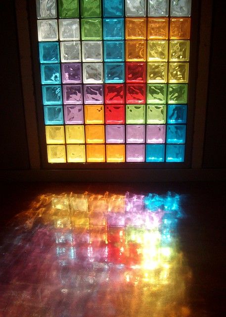 tetris reflection | Made with coloured cellophane and sticky… | Flickr Glass Blocks Wall, L'art Du Vitrail, Window Reflection, Smart Tiles, Glass Brick, Deco Originale, زجاج ملون, Glass Block, Block Wall