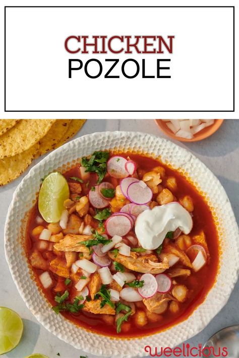 Chicken Pozole is a hearty and healthy Mexican-style soup that’s super easy make and full of flavor. It’ll warm you up from the inside out during these chilly winter months. Easy Posole Recipe Chicken, Pazole Soup Chicken Easy, Chicken Pozole Recipe Red, Pazole Soup, Red Chicken Pozole, Easy Chicken Posole, Easy Posole Recipe, Chicken Posole Recipe, Posole Recipe Chicken