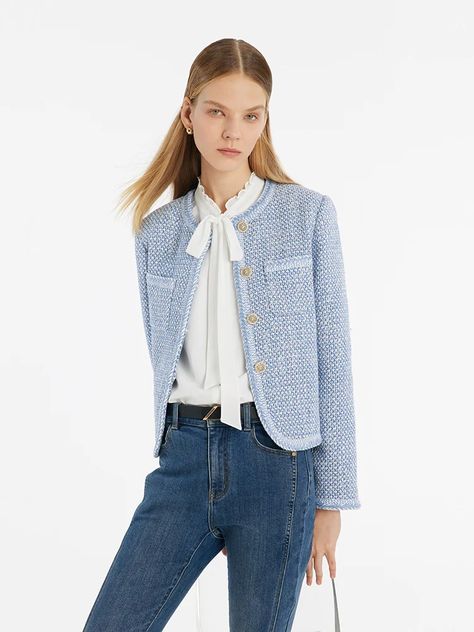 Single-Breasted Round Neck Women Jacket GOELIA Blue Tweed Jacket Outfit, Tweed Jacket Outfit Casual, Blue Jacket Outfits, Tweed Jacket Outfit, Outfit Wishlist, Chanel Jackets, Tweed Style, Blazer Jackets For Women, Structured Design