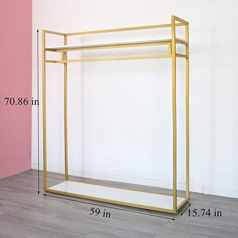 Gold Garment Rack, Gold Clothing Rack Bedroom, In Home Boutique Setup, Boutique Set Up Ideas Spaces, Small Boutique Decor, White Clothes Rack, Clothing Rack Ideas, Ikea Clothes Rack, Gold Clothing Rack