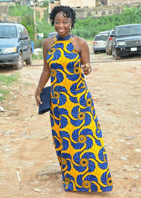 Alter neck ankara maxi dress by ibile vogue. Ankara Maxi Dress, Women Church, Aso Oke, Simple Patterns, Ankara, Long Dress, Sewing Patterns, Maxi Dress, Vogue