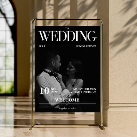 Magazine Editorial Newspaper Wedding Welcome Sign Wedding Photo Stand Ideas, Wedding Picture Sign, Wedding Welcome Sign Photo, Welcome Guest Ideas, Unique Welcome Signs Wedding, Welcome Space Wedding, Unique Welcome Signs, Old Hollywood Wedding Theme, Unique Wedding Welcome Sign