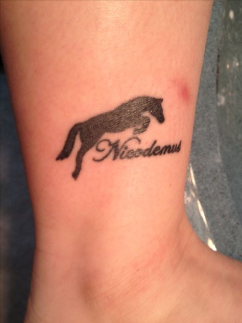 Horse silhouette tattoo with my horse's name in script Horse Tattoo With Name, Horse Name Tattoo, Script Tattoo Back, Horse Silhouette Tattoo, Horse Shoe Tattoos, Small Horse Tattoo, Tattoo Back Tattoo, Halo Tattoo, Horse Tattoos