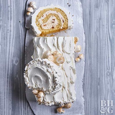 Silver and Gold Yule Log Recipe Vanilla Yule Log, Make A Yule Log, Zoe Bakes, Meringue Mushrooms, Metallic Cake, British Christmas, Gold Luster Dust, Swiss Buttercream, Yule Log Cake