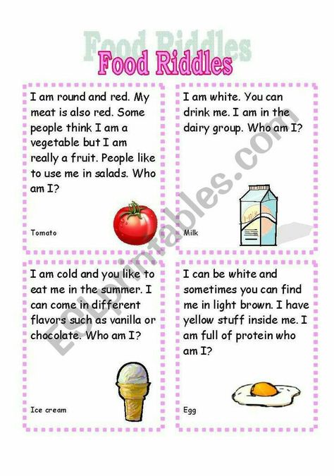 Right Brain Activities Kids, Warming Up Exercise, Right Brain Activities, Food Riddles, Kids Flash Cards, English Riddles, Riddles For Kids, Food Quiz, English Activities For Kids