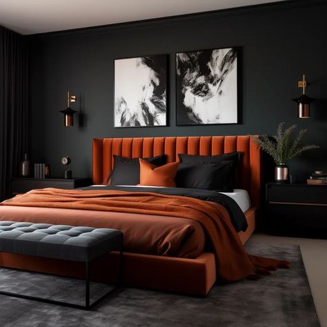 20 Black And Rust Bedroom Ideas - HearthandPetals Copper Bedroom, Simple Bed Designs, Vibe Bedroom, Bed Interior, Colorful Interior Design, Bunk Bed Designs, Bed Design Modern, Bedroom Orange, Gold Bedroom