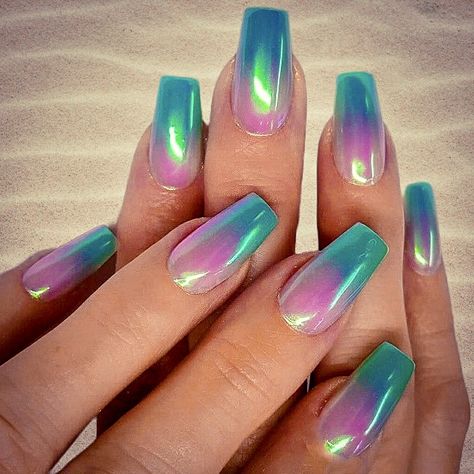 Mermaid Manicures: Pink to Aqua Ombre Coffin Acrylic Nails | Mermaid Motel Aesthetic | Mermaid Nail Ideas | Mermaid Nail Inspiration Holographic Nail Designs, Underwater Realm, Teal Nail Designs, Nail Designs Ideas, Teal Nails, Wow Nails, Her Nails, Mermaid Dreams, Mermaid Nails