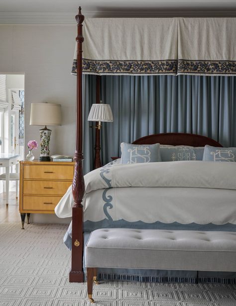 Traditional Style Bedroom, Jenkins Interiors, Leontine Linens, Mid Century Bedside, 4 Poster Beds, Bedside Chest, French Bedroom, Blue Curtains, Style Bedroom