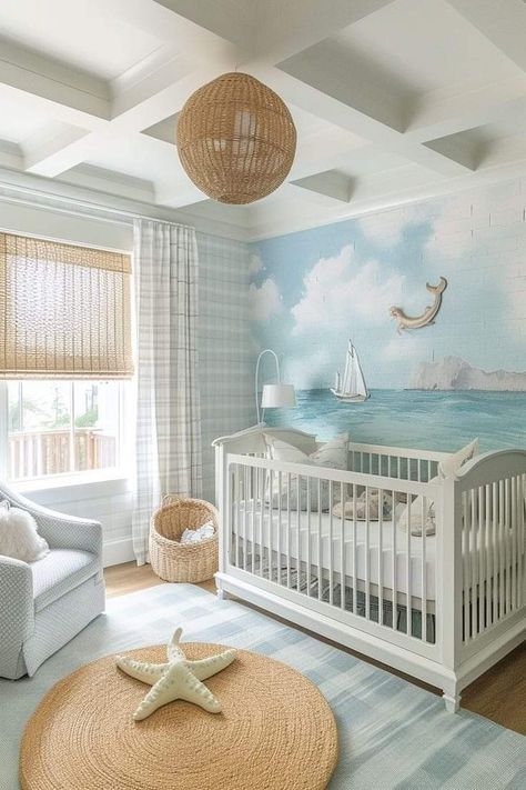 Ocean Inspired Nursery, Beach Nursery Theme, Girl Nursery Ideas Themes, Coastal Baby Room, Ocean Nursery Ideas, Ocean Baby Nursery, Ocean Nursery Theme, Beach Baby Rooms, Ocean Baby Room