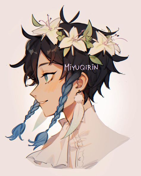 Yu雨☔️ on Instagram: “flower crown 🌷🌹🌻🌼 finally drew him with a flower crown; ive been wanting to draw this for a while >< 💖💖 i hope you like it! - #genshin…” Flower Crown Art Reference, Crown Art Reference, Flowers Crown Drawing, Flower Crown Drawing Reference, Crown Reference Drawing, Flower Crown Reference, Flower Crown Anime, Crown Art Drawing, Genshin Flowers