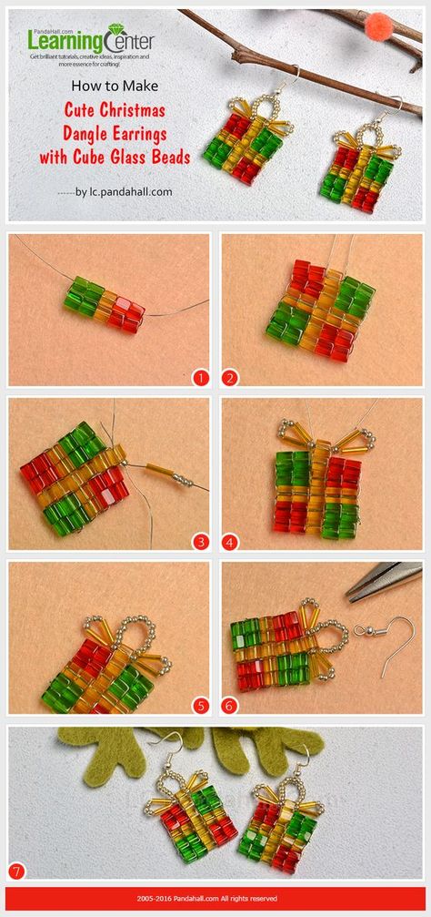 How to Make Cute Christmas Dangle Earrings with Cube Glass Beads Christmas Earrings Diy, Beaded Christmas Earrings, Christmas Beaded Earrings, Christmas Jewelry Diy, Christmas Jewellery, Holiday Beading, Beaded Christmas Ornaments, Christmas Bead, Beaded Earrings Patterns