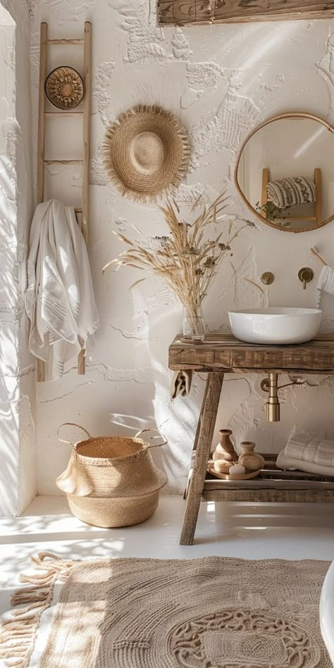 ⏳Timeless Trends: 28 Boho Bathroom Ideas That Last⏳ Ibiza Bathroom Ideas, Tulum Inspired Bathroom, Boho Toilet Room, Style Boheme Deco, Mediterranean Bathroom Design Ideas, Bathroom Ideas Boho, Bathroom Decor Bohemian, Bohemian Bathroom Ideas, Boho Bathrooms