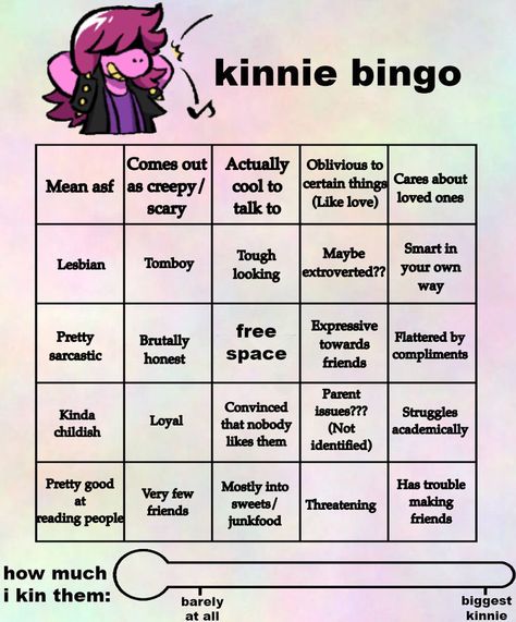 Idk know her well so if I missed something, pls tell me Spinel Kinnie Bingo, Kinne Bingo Danganronpa, Danganronpa Kinnie Bingo Template, Deltarune Kinnie Bingo, Genshin Impact Kin Bingo, How To Read People, Bingo Cards, Pretty Good, Coming Out