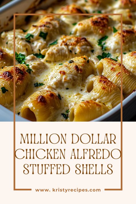 Indulge in creamy comfort with these Million Dollar Chicken Alfredo Stuffed Shells. Jumbo pasta shells are generously filled with a savory blend of chicken, cream cheese, mozzarella, and Alfredo sauce, then baked to golden perfection. A delicious and filling meal that's perfect for family dinners or special occasions.  #pasta #alfredo #foodie #food #foodporn #pastalover Million Dollar Chicken Stuffed Shells, Chicken Alfredo Pasta Shells, Stuffing Chicken Stuffed Shells, Stuff Shells With Chicken, Stuffed Shells With White Sauce Recipe, Alfredo Stuffed Peppers, Chicken Stuff Shells Recipes, Stuffed Shells Recipe Alfredo, Million Dollar Chicken Alfredo Stuffed Shells