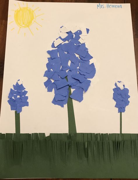 Tear paper art - bluebonnet craft - kids craft - 4th grade - Texas - created by Lorena Herrera Bluebonnet Art Project For Kids, Bluebonnet Craft For Kids, Bluebonnet Craft Preschool, Texas Crafts For Kids, Bluebonnet Craft, Paper Tearing Art For Kids, Texas Crafts, State Crafts, Flower Crafts Kids