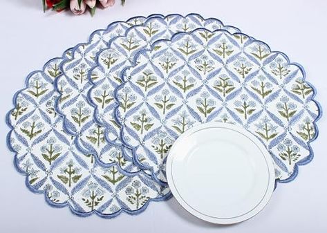 Ridhi Bo-ho Round Place Mat Easter Floral Cotton Washable Placemats 15" Round Embroidery Block Print Table Mat (Pack of 4-15 Inch Round, Light Steel Blue) Regular Meals, Round Embroidery, Dining Table Placemats, Round Placemat, Light Steel Blue, Easter Floral, Simple Flower, Wedding Parties, Valentine Special