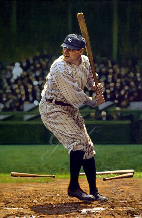 Babe Ruth became the all-time home run leader when he hit his 139th career blast as a major leaguer, passing Roger Connor's career mark of 138. Yankees Baseball Players, Baseball Painting, Famous Baseball Players, Baseball Pictures, New York Yankees Baseball, Baseball Art, Baseball Photos, Yankees Baseball, Sports Hero