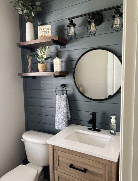 Black Half Bathroom, Small Half Bathroom, Half Bath Remodel, Half Bathroom Remodel, Half Bathroom Decor, Shiplap Bathroom, Small Space Bathroom, Bathroom Color Schemes, Bathroom Diy