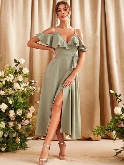 Green Dresses | SHEIN UK Off Shoulder Sage Green Dress, Sage Green Dresses For Wedding Guests, Sage Green Dress Short, Soft Green Dress, Boho Bridal Shower Dress, Green Dress Formal, Earth Wedding, Simple Beach Wedding, Green Wrap Dress