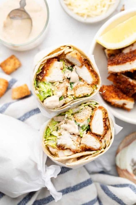 Fill up on a protein-rich, satisfying Chicken Caesar Wrap Recipe made with parmesan cheese, panko breadcrumbs, and a mouth watering homemade dressing. Caesar Chicken Wraps, Healthy Wrap Recipes, Chicken Caesar Wrap Recipe, Healthy Wrap, Fall Harvest Salad, Chicken Caesar Salad Recipe, Caesar Wrap, Simple Soups, Simple Healthy Dinner Recipes