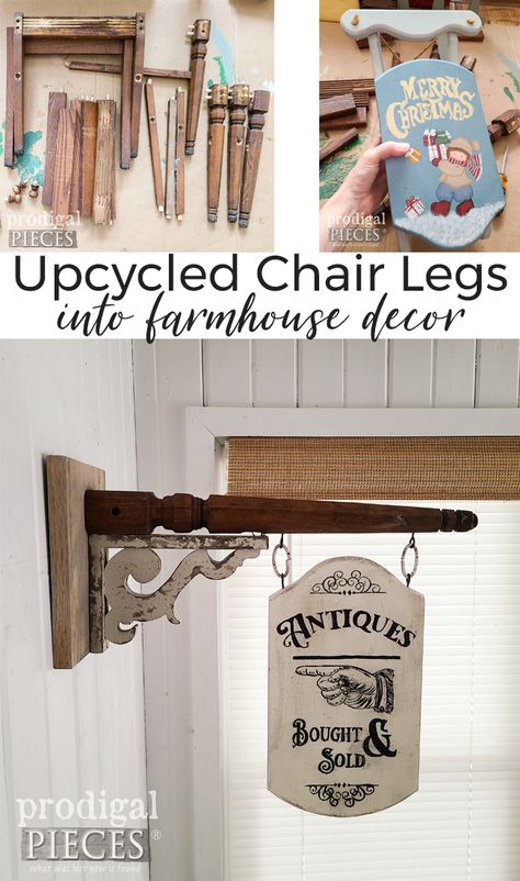 Repurposed Chairs Diy, Chair Repurposed, Crafts For Flea Markets, Spindle Upcycle, Diy Antique Decor Craft Projects, Chair Legs Ideas, Accent Table Color Ideas, Chair Repurposed Diy Upcycle, Wooden Chair Leg Crafts