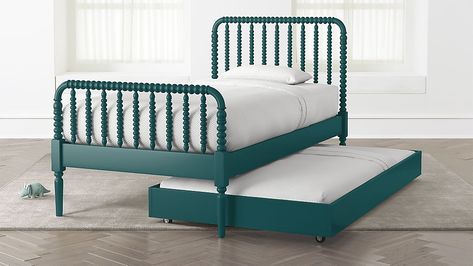 Jenny Lind Peacock Trundle Bed + Reviews | Crate and Barrel Rainbow Boho Bedroom, White Trundle Bed, Colorful Girls Bedroom, Trundle Beds, White Bedrooms, Trundle Mattress, Beds Ideas, Twin Trundle Bed, Cool Kids Bedrooms