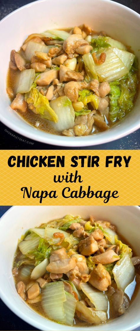 Chicken and Napa Cabbage Stir Fry - marinated diced chicken thighs stir fried with dried shrimp, garlic, and tasty napa cabbage! Recipes Using Napa Cabbage, Napa Cabbage Recipes Soups, Napa Cabbage And Chicken, Napa Cabbage Recipes Stir Fry, Stir Fried Napa Cabbage, Napa Cabbage Recipes Stir Fry Chicken, Chinese Chicken Cabbage Stir Fry Recipes, Chinese Chicken And Cabbage Stirfry, Chicken Napa Cabbage Stir Fry