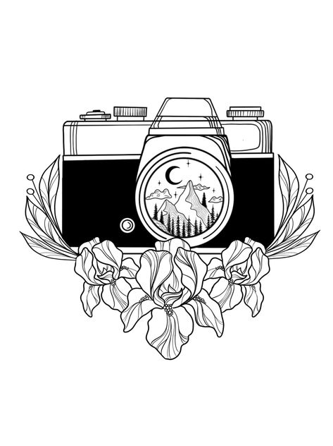 Tattoo Idea Flower, Camera Drawing Art, Vintage Camera Tattoos, Camera Tattoo Design, Flower Camera, Camera Tattoos, Moon Mountain, Camera Drawing, Camera Tattoo