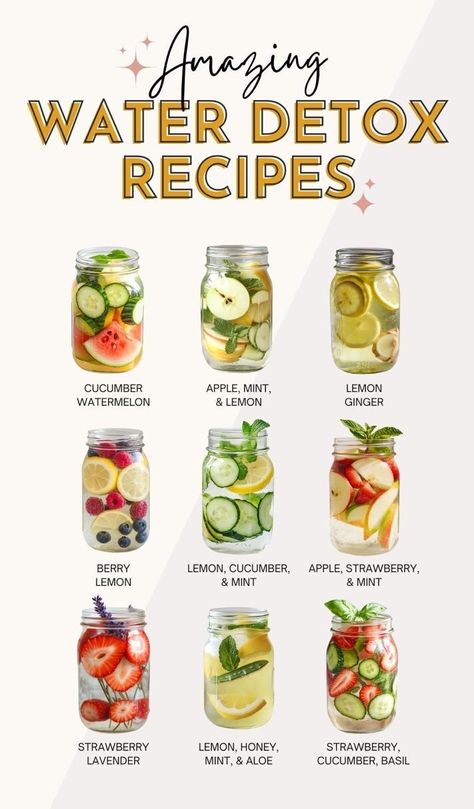 Hydrate, detox, and glow from within! ✨💖 These easy and delicious detox water recipes are perfect for boosting metabolism, improving digestion, and keeping your skin radiant! 🍏🥒 From lemon-ginger for immunity to cucumber-watermelon for hydration, there's a flavor for everyone! 🌿🍓 Try them today and feel the difference! 💦 Save this for later & follow for more wellness tips! 🌱💛 #DetoxWater #HealthyLiving #GlowUp #Hydration #WellnessJourney #CleanEating #WeightLossTips What To Put In Water To Drink Healthy, What To Put In Water, Healthy Water Recipes, Detox Water For Clear Skin, Cucumber Watermelon, Improving Digestion, Detox Water Fat Burning, Water To Drink, Flavored Water Recipes