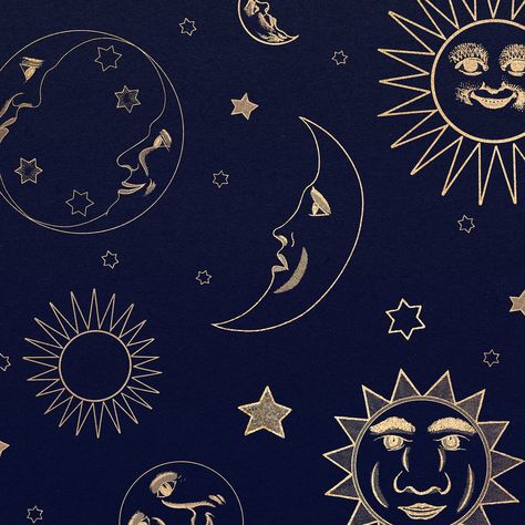 Gold celestial sun, moon and stars pattern on black background design element | free image by rawpixel.com / nap Celestial Background, About Moon, Black Background Design, Stars Background, You Are My Moon, Sun Moon And Stars, Celestial Sun, Free Illustration Images, Witchy Wallpaper