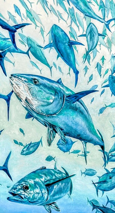 Ocean Fish Drawing, Tuna Painting, Fishes Ocean, Ocean Animals Art, Fishes Painting, Fauna Marina, Fish Artwork, Coastal Artwork, Underwater Art