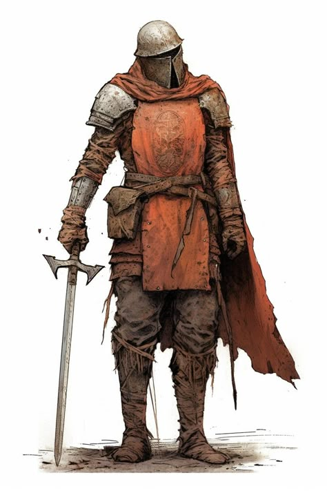 Dnd Reference Pose, Medieval Armor Illustration, Palidens Dnd, Kender Dnd, Rusted Knight, Character Design Medieval, Medieval Concept Art, Rusty Armor, Medieval Mercenary