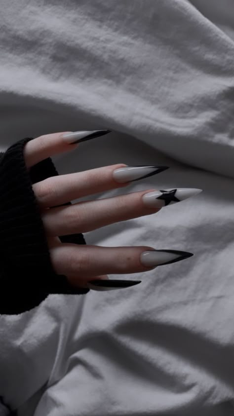 Gothic Acrylics, White Gothic Nails, Nails Acrylic Goth, Goth Acrylics, Gothic Nails Stiletto, Edgy Nails Grunge, Goth Stiletto Nails, Black Stiletto Nails Design, Gothic Nail Designs