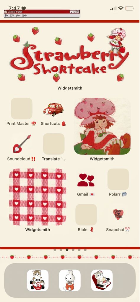 Strawberry Theme Phone Layout, Strawberry Iphone Layout, Strawberry Shortcake Iphone Theme, Strawberry Ios Theme, Strawberry Phone Layout, Strawberry Iphone Theme, Strawberry Shortcake Phone Case, Strawberry Home Screen, Strawberry Shortcake Phone Theme