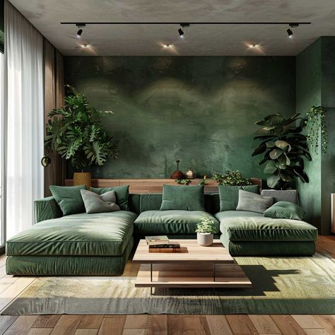 5+ Dark Green Interiors to Inspire Your Minimalist Home • 333+ Inspiring Lifestyle Ideas Dark Green Home Decor Living Room, Home Interior Design Green, Hunter Green Interior Design, Green Front Room Ideas, Dark Green And White Living Room, Dark Green Living Room Accent Wall, Dark Green Limewash Walls, Deep Green Wall, Accent Wall Paint Colors