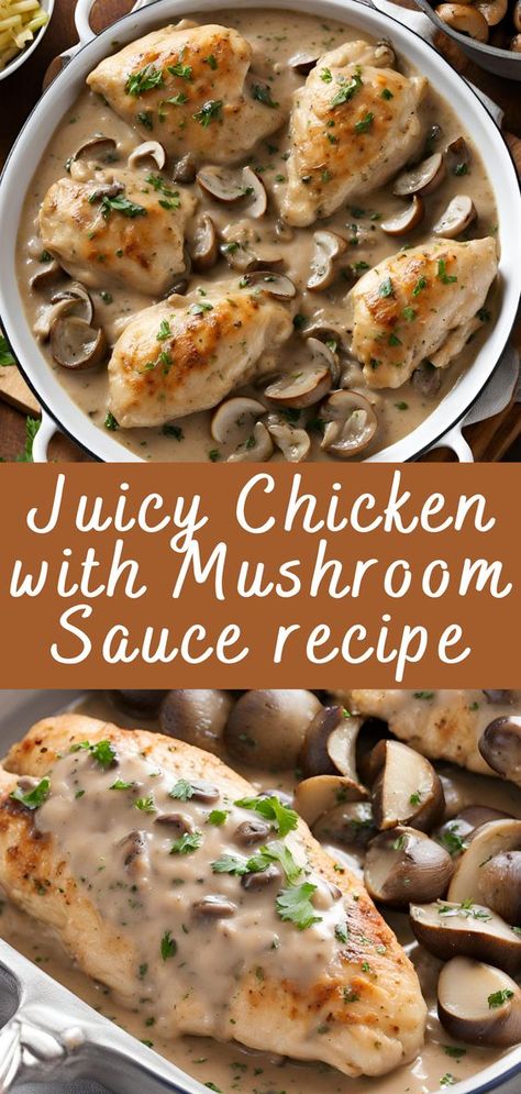 Juicy Chicken with Mushroom Sauce recipe Juicy Chicken with Mushroom Sauce is a comforting and delicious dish that’s sure to become a family favorite. This recipe features tender chicken breasts smothered in a rich, creamy mushroom sauce. It’s perfect for a weeknight dinner yet elegant enough for a special occasion. Ingredients To create this mouth-watering […] Chicken And Mushroom Sauce, Chicken With Mushroom Sauce, Mushroom Sauce For Chicken, Chicken With Mushroom, Mushroom Sauce Recipe, Chicken Mushroom Recipes, Homemade Sauce Recipes, Smothered Chicken, Creamy Mushroom Sauce