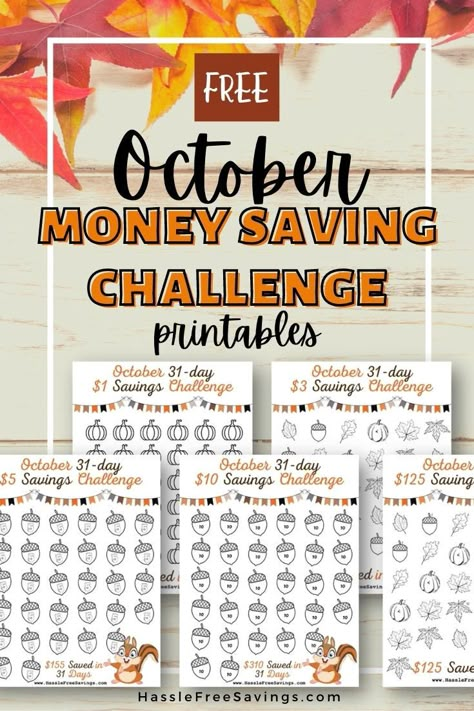 FREE printable money saving challenge tracker printables for October. Start saving with this 31-day tracker. It includes options that are great for kids & low-income families as well. Easy to use, you can choose to save daily, weekly, or at any interval you like! This set includes a $1 savings challenge, $3 Savings Challenge, $5 savings challenge, $10 savings challenge, and $125 savings challenge. Also includes a no-spend challenge. #hasslefreesavings #moneysavingtrackers Saving Money Ideas Challenges Free Printable, No Spend October, Savings Bingo, Savings Challenge Ideas, Money Saving Challenge Low Income, Money Save Challenge, Free Printable Money, 5 Savings Challenge, Bullet Journal Savings Tracker