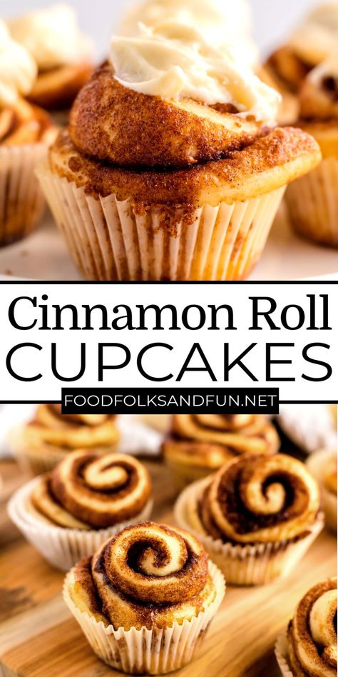 These Cinnamon Roll Cupcakes are perfect for breakfast, brunch, or even for birthday breakfasts! For more easy breakfast ideas follow Food Folks and Fun! Dessert Ideas For Work Party, Easy Breakfast Cupcakes, Brunch Treat Table Ideas, Breakfast Themed Dessert, Easy Breakfast Treats For Work, Cinnamon Roll Display Party Ideas, Birthday Brunch Dessert Ideas, Desserts For Breakfast, Bake Sale Breakfast Items