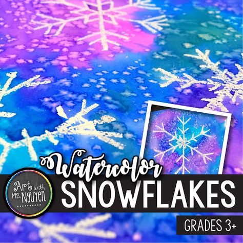 Watercolor Snowflake Paintings (3rd) | Art with Mrs. Nguyen Watercolor Snowflakes, Watercolor Snowflake, Radial Symmetry, January Art, Arts And Crafts Tile, Snowflakes Art, 3rd Grade Art, Jr Art, Elementary Art Projects