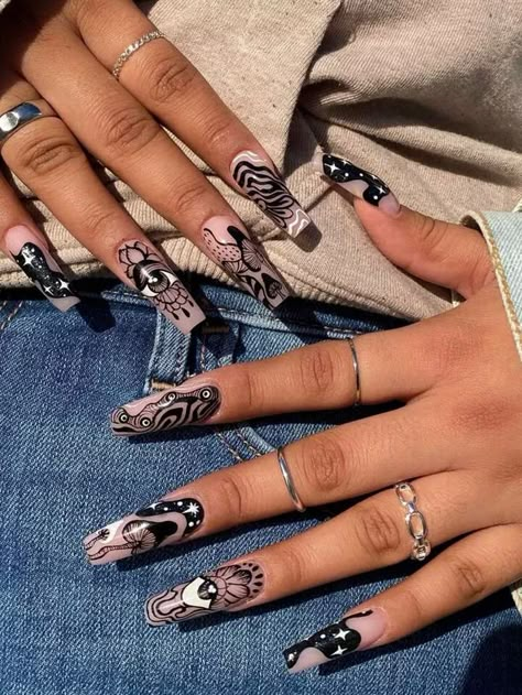 Upgrade Your Look with 24pcs Long Coffin Black Eye Line Mushroom Print Fake Nail & 1pc Nail File & 1sheet Tape | SHEIN USA Trippy Nail Art, Trippy Nails, Eye Mushroom, Nail Jelly, Ballet Design, Nail Shapes Square, Mushroom Plant, Crazy Nail Art, Tech Ideas