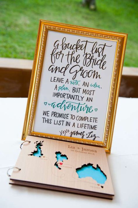 A bucket list for the bride and groom is a fantastic idea as a guest book! Travel Themed Guest Book Ideas, Travel Guest Book, Bucket List For Bride And Groom, Bucket List Wedding Guest Book, Book Bucket List, Chemo Party, Book Bucket, Wedding Planner Book, Travel Theme Wedding