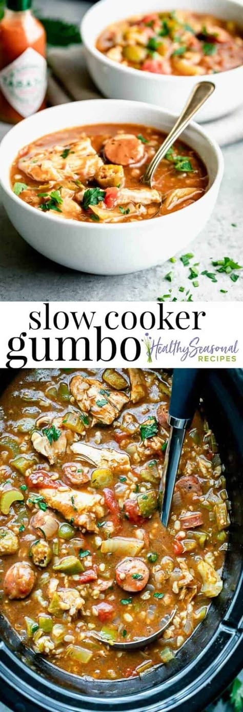 Slow Cooker Gumbo with Chicken, andouille sausage and okra. An easy make-ahead meal in one pot! #healthy #glutenfree #gumbo #slowcooker #crockpot #easy #makeahead #onepot via @healthyseasonal Slow Cooker Gumbo, Gumbo Slow Cooker, Gumbo Crockpot, Chicken Andouille Sausage, Gumbo Soup, Chicken Gumbo, Pasta Fagioli, Gumbo Recipe, Andouille Sausage