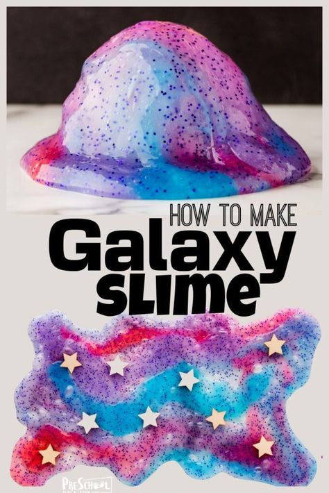 Looking for a fun way to keep your kids entertained? Check out this super cool galaxy slime! This mesmerizing homemade slime recipe is sure to captivate preschoolers imagination for hours. The unique texture  of this diy slime recipe combined with the vibrant colors that resemble the breathtaking beauty of outer space make it a fun space activity for kids of all ages. Let me show you how to make galaxy slime and you can get started playing and learning! Apple Scented Playdough, Slime Preschool, Preschool Space Activities, Preschool Apple Worksheets, Scented Playdough Recipe, Apple Playdough, Slime Activities, Apple Science Experiments, Watermelon Activities