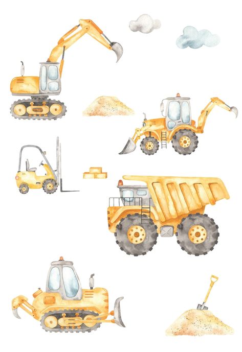 Watercolour Construction Stickers, Bedroom wall sticker, Nursery Wall Sticker, Digger Stickers Peel N Stick Wallpaper, 4de Verjaardag, Construction Wallpaper, Wall Decal Nursery, Construction Vehicle, Wall Decals For Bedroom, Construction Theme, Nursery Wall Stickers, Car Themes