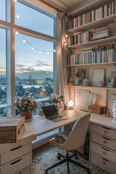 A cosy home office with a view of the sky at dusk Study Desk Small Space, Small Living Room Ideas Apartment With Computer Desk, Apartment Study Room Ideas, Office Space With Windows, Cozy Office Game Room, Small Working Room Ideas, Light Academia Workspace, Study House Ideas, Home Office In One Bedroom Apartment