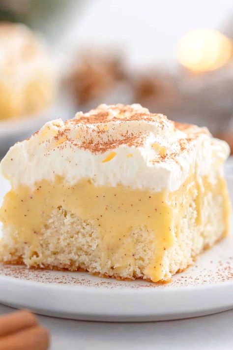 Eggnog Poke Cake - Insanely Good Caramel Sweetened Condensed Milk, Eggnog Pudding Recipe, Snickers Poke Cake, Cream Cheese Fudge Recipe, Eggnog Poke Cake, Eggnog Pudding, Toffee Dessert, Eggnog Dessert, Key Lime Desserts