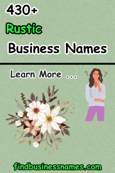 Explore unique Rustic Business Names for your charming brand. 

From cozy cafes to vintage boutiques, find the perfect name that captures your rustic vibe. 

Get inspired and stand out with our curated list of rustic business name ideas. 

#rusticbusinessnames Decor Business Names Ideas, Boutique Names Ideas, Rustic Salon, Southern Names, Western Names, Unique Business Names, Business Name Ideas, Country Boutique, Boutique Names